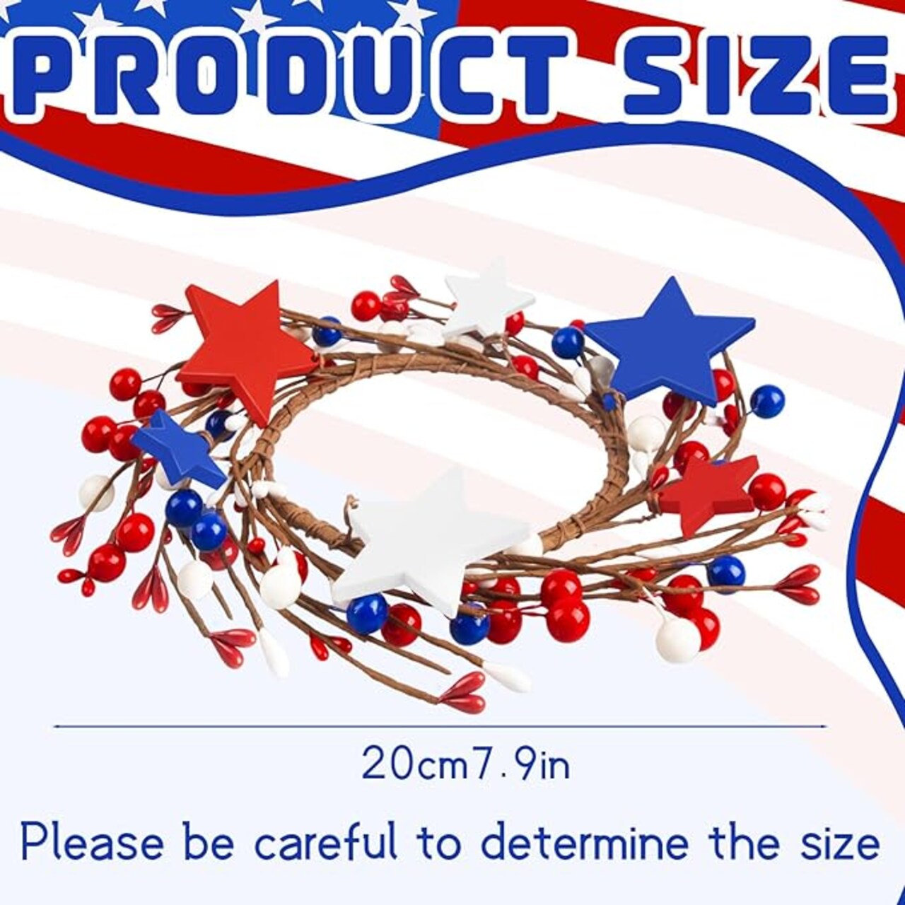 4 Pcs 4th of July Patriotic Candle Rings, Red White Blue Star Berry Mini Wreaths for Pillar Candles, Table Centerpieces & Home Decor